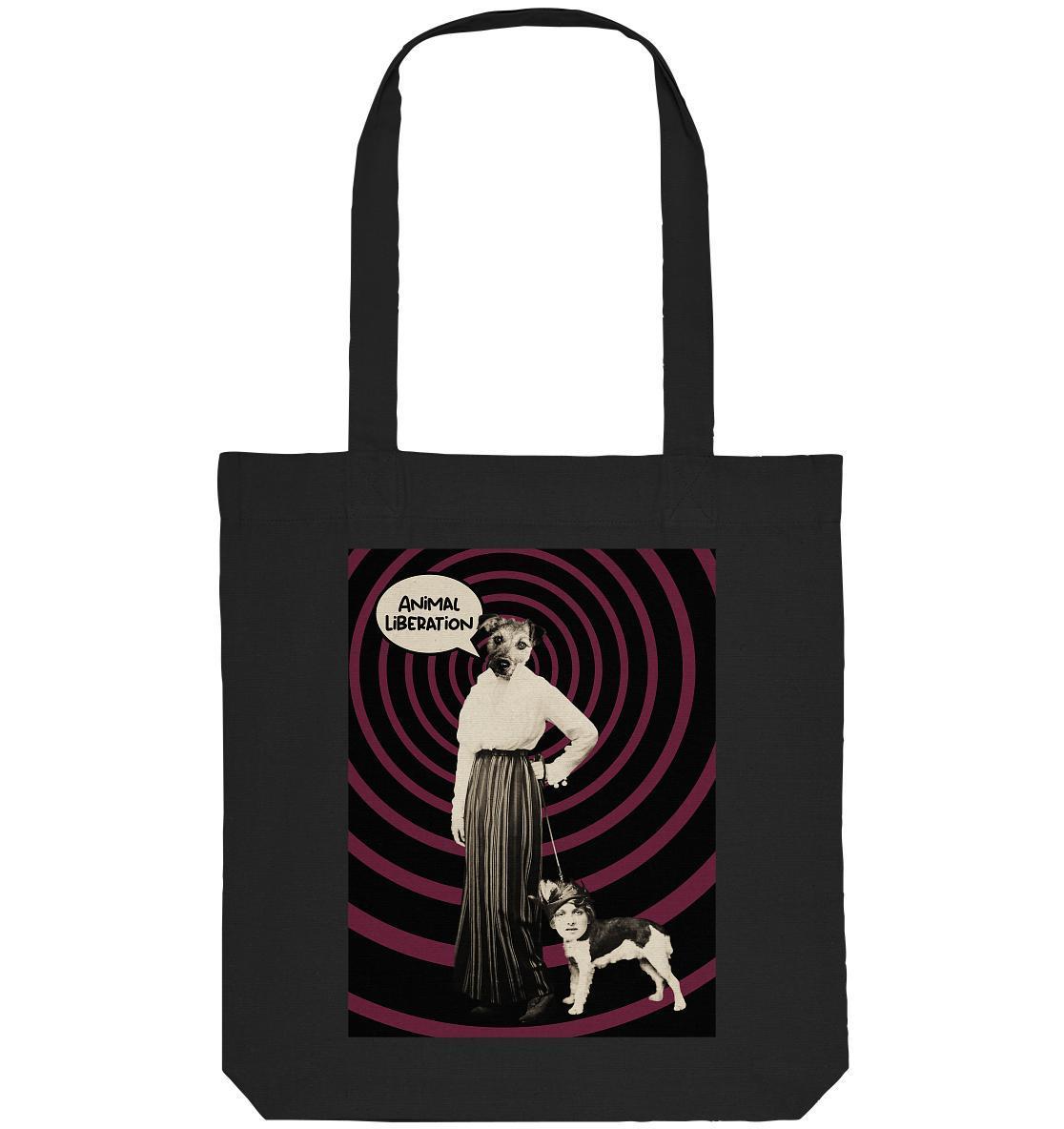 Vegan und Recycling Stofftasche: Upside Down - Animal Liberation, zeigt eine Frau mit Hund auf einer schwarzen Tasche, inspiriert von Popart und Vintage-Fotografie.