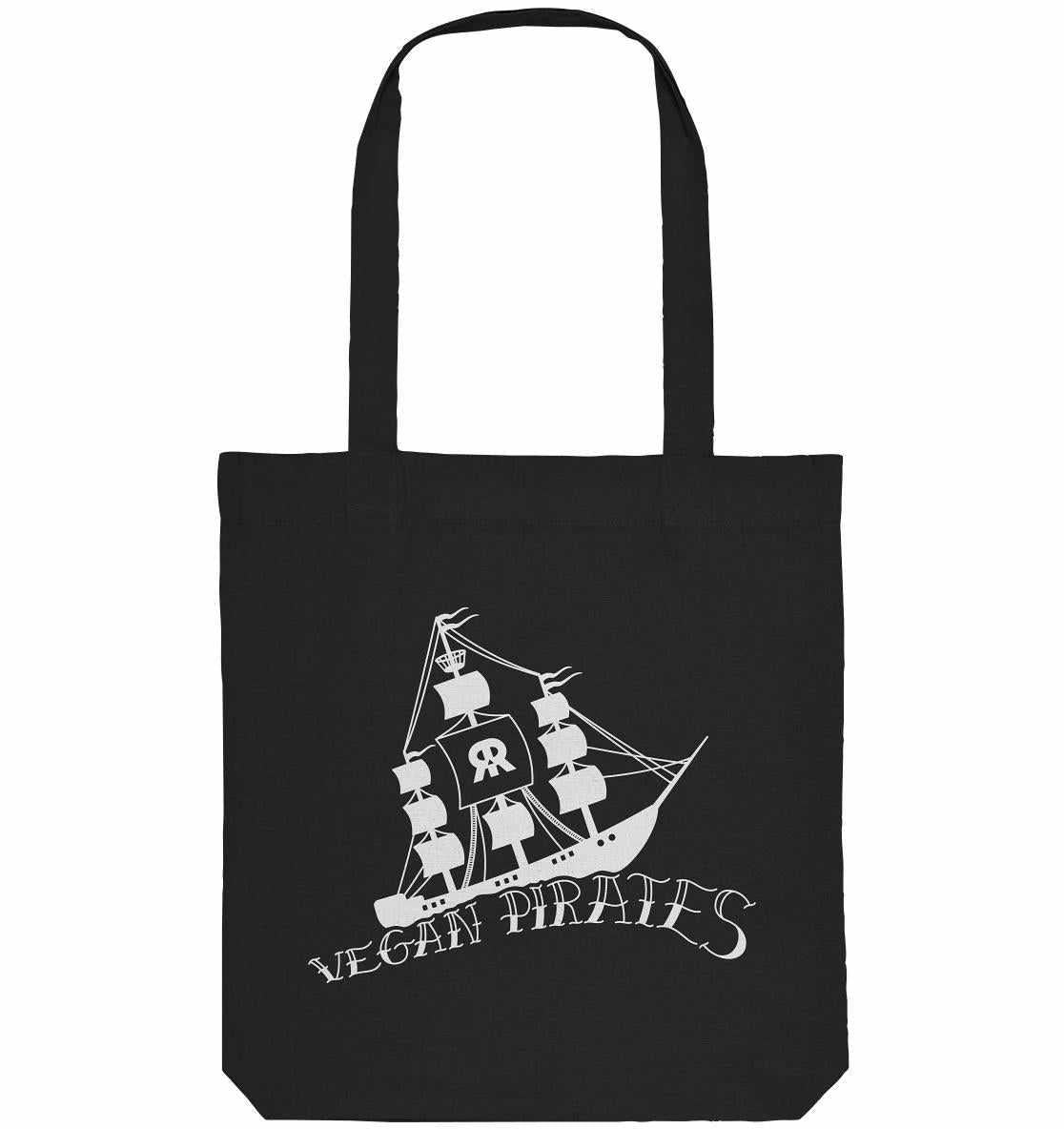 Vegan und Recycling Stofftasche: Vegan Pirates, schwarze Tasche mit Piratenschiff-Design, aus recycelter Baumwolle und Polyester, Teil der Rude Rebel Crew.
