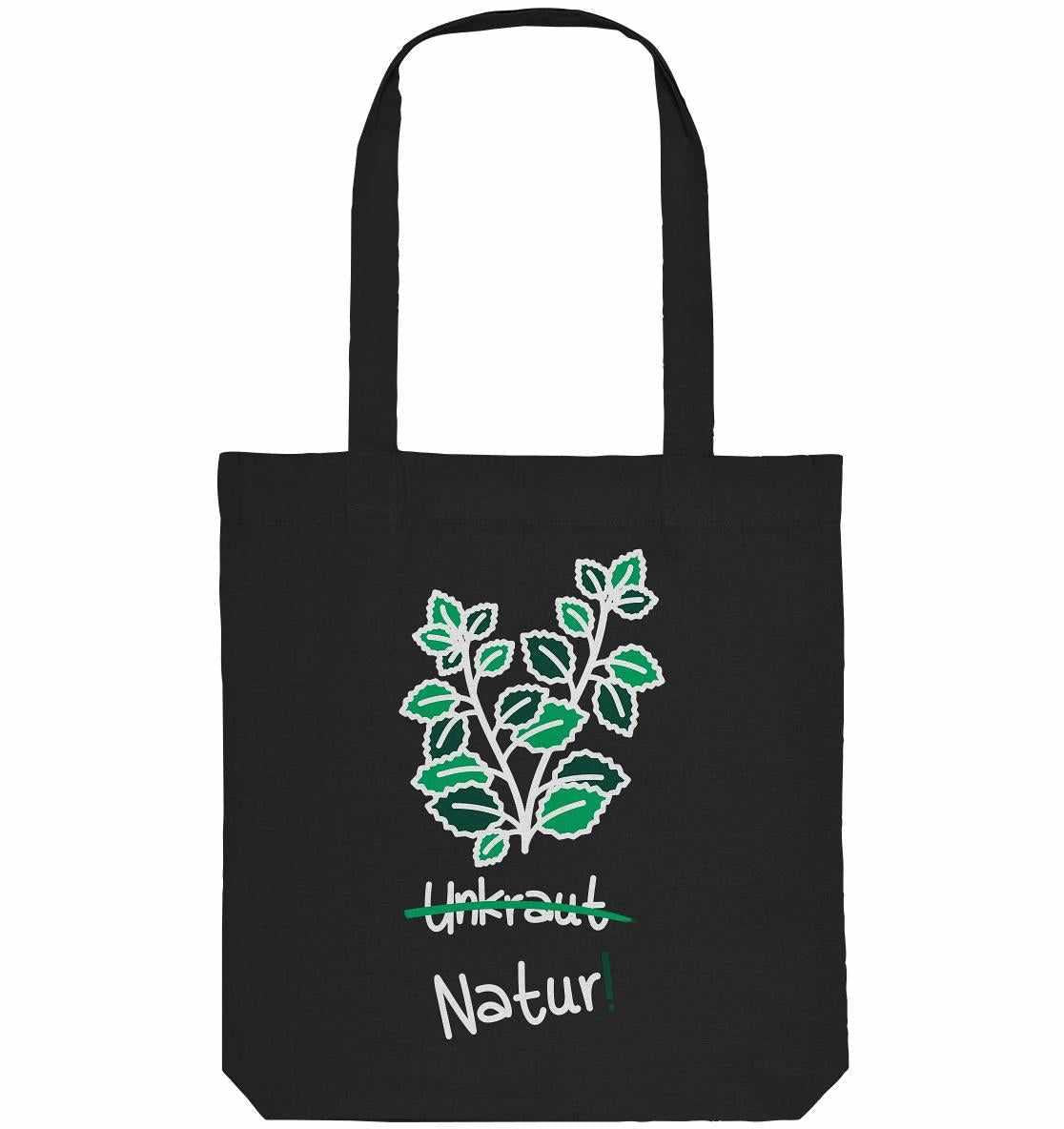 Vegan und Recycling Stofftasche: Brennnessel - Naturschutz, schwarze Tasche mit grünen Blättern, aus recycelten Materialien, symbolisiert Naturschutz und ökologische Verantwortung.
