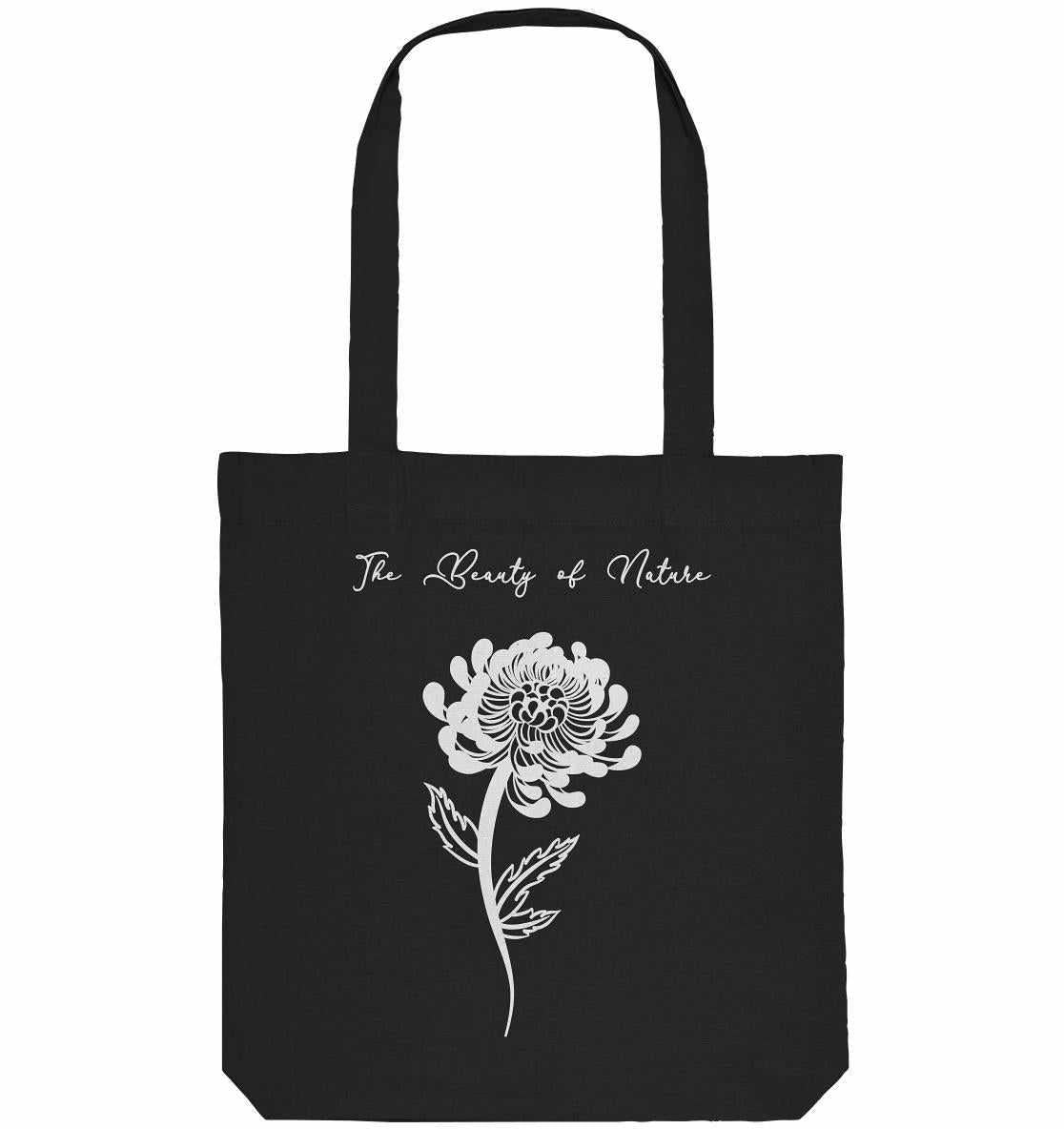 Vegan und Recycling Stofftasche: Chrysantheme - Schwarze Tote-Bag mit weißer Blume, aus recycelten Materialien, symbolisiert Naturschutz. Ideal für umweltbewusste Träger.