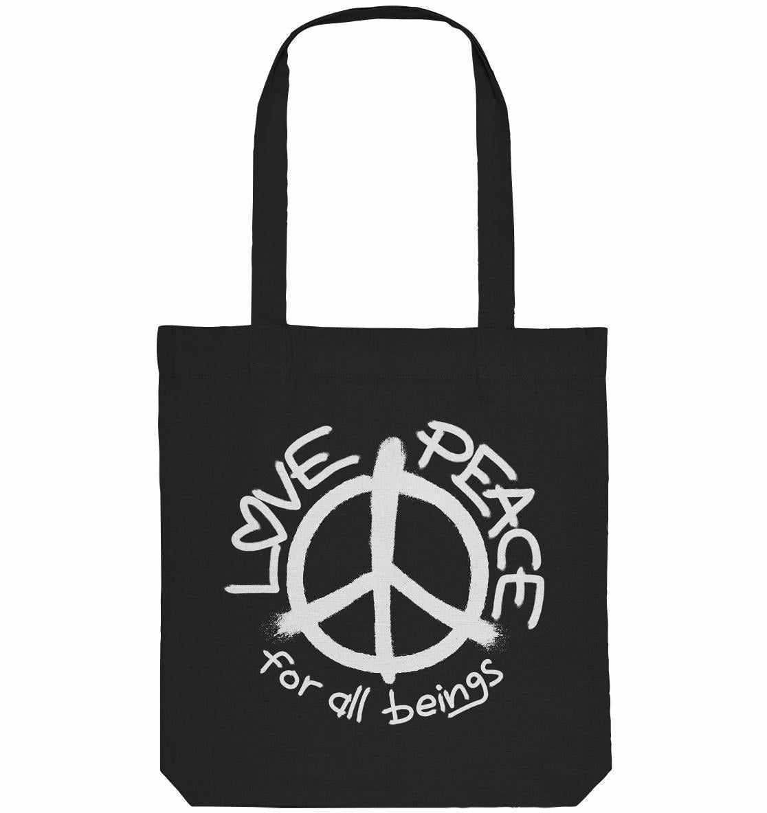Vegan und Recycling Stofftasche mit LOVE and PEACE-Design, schwarzer Hintergrund, weißer Schrift und Friedenszeichen, aus recycelten Materialien, ideal für umweltbewusste Träger.