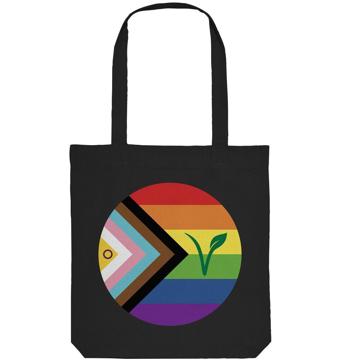 Vegan und Recycling Stofftasche mit Regenbogenkreis und grünem Blatt, symbolisiert LGBTQIA+ und Veganismus. Hergestellt aus recycelten Materialien, 38 x 42 cm.