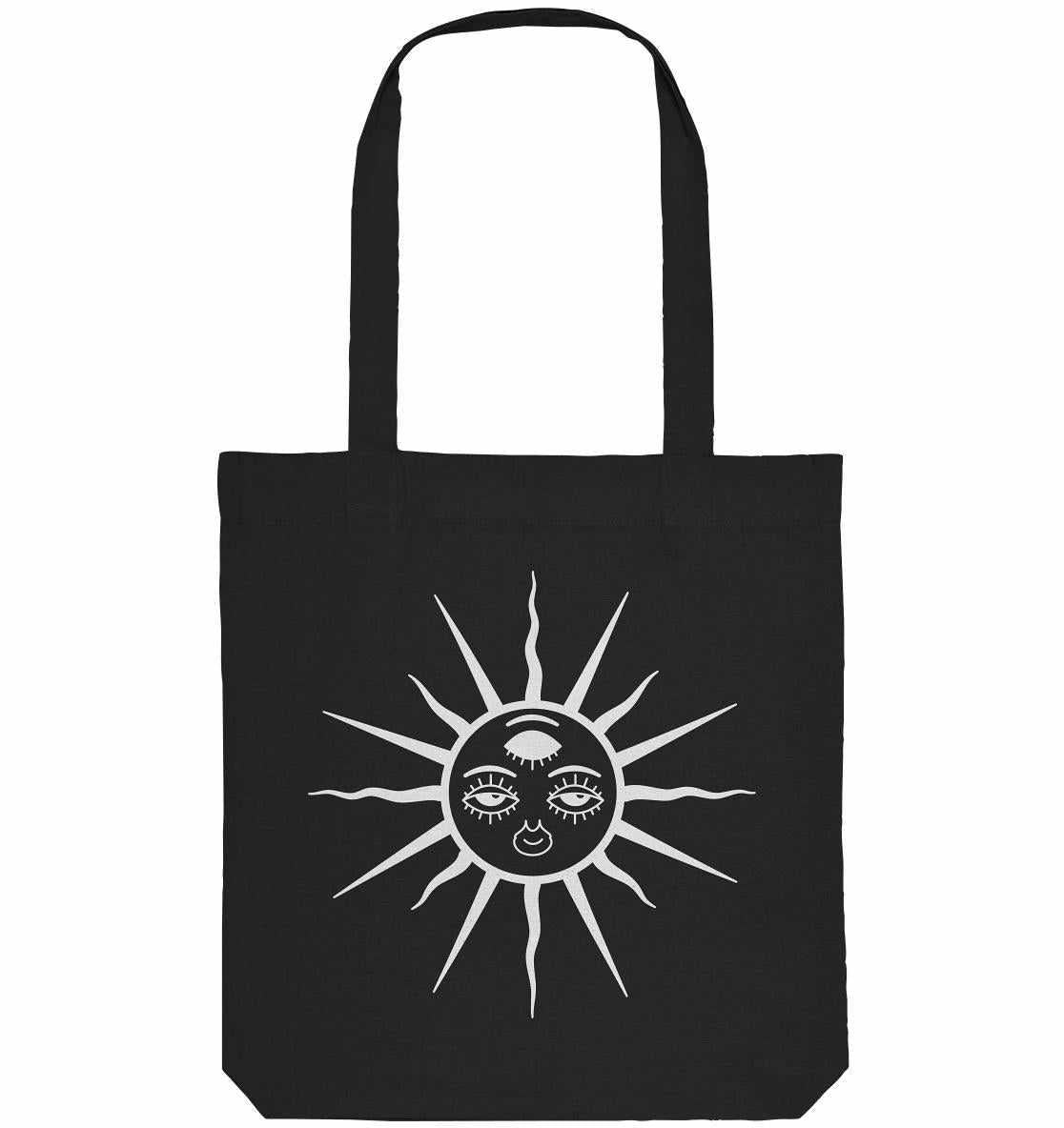 Vegan und Recycling Stofftasche: The Sun - Third Eye Awakening, eine schwarze Tote Bag mit dreiaugigem Sonnendesign, aus recycelten Materialien, ideal für umweltbewusste Anlässe.