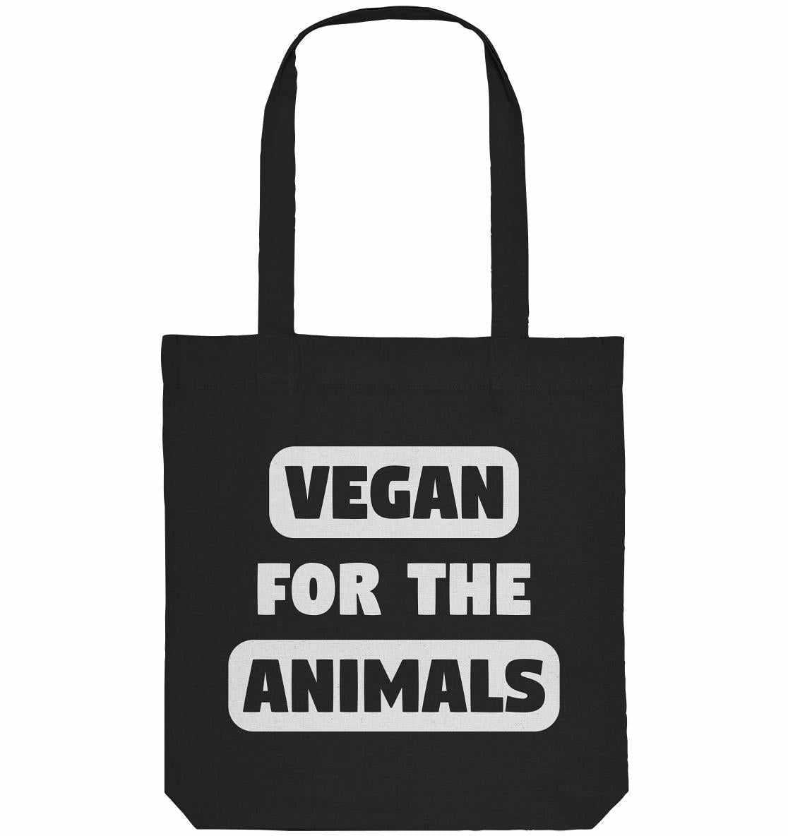 Vegan und Recycling Stofftasche: VEGAN FOR THE ANIMALS, schwarze Tasche mit weißem Text, aus recyceltem Material, lange Henkel, nachhaltig produziert.