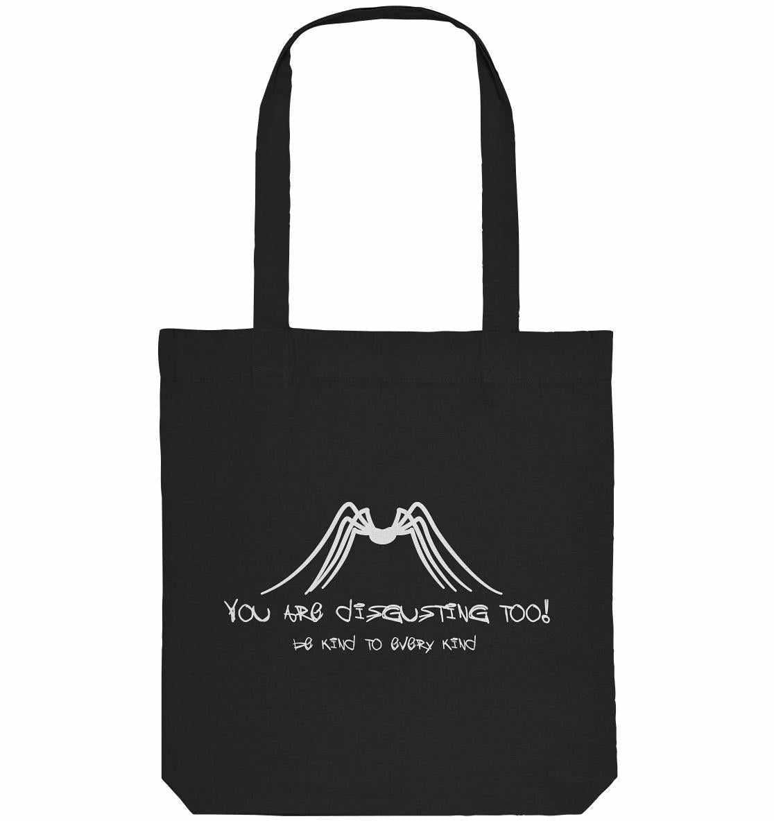 Vegan und Recycling Stofftasche mit dem Aufdruck Protect Insects, even spiders and be kind to every kind, aus recycelten Materialien, von RUDE REBEL.