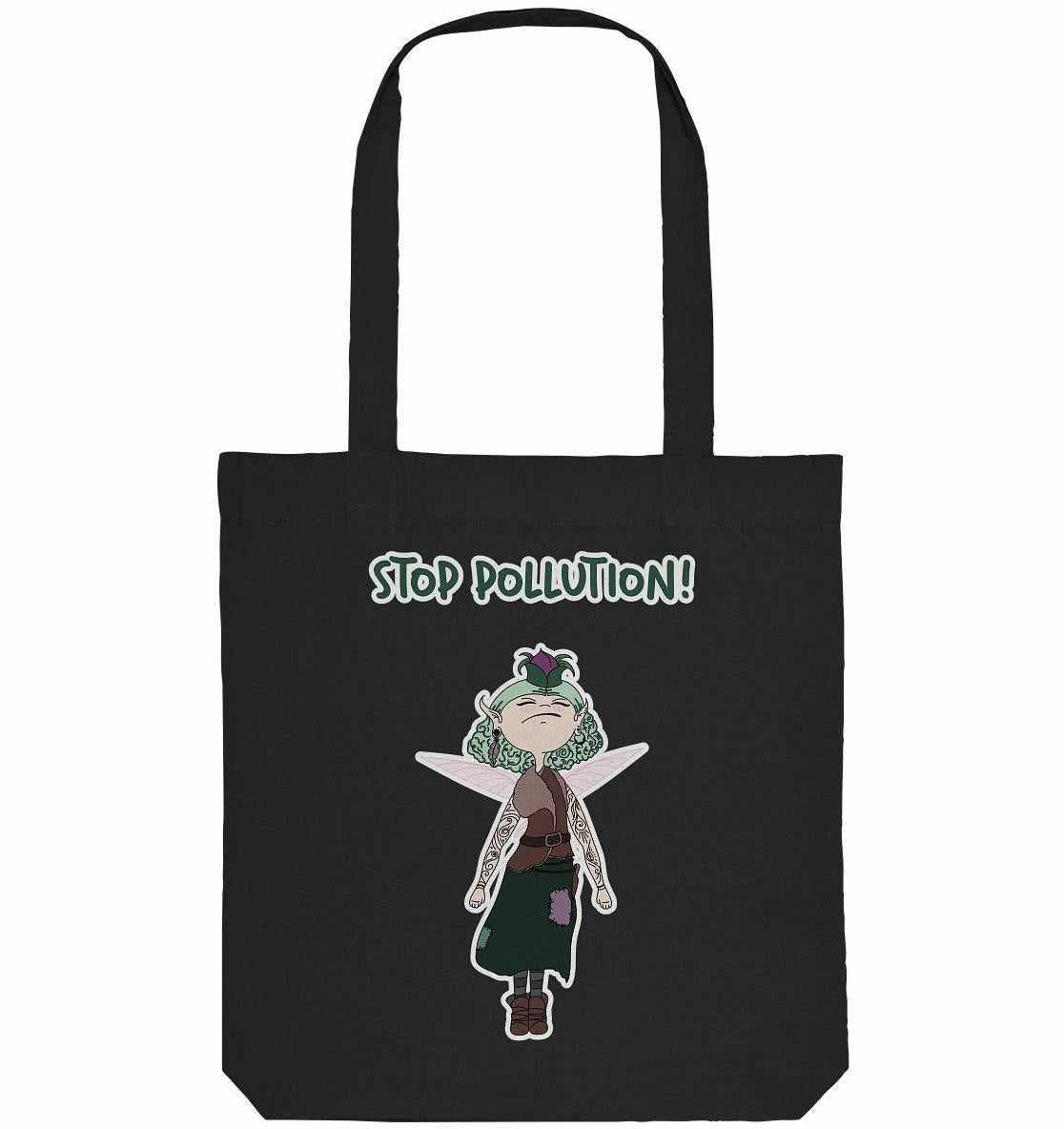 Vegan und Recycling Stofftasche: STOP POLLUTION! - Krawall Fee, schwarze Tragetasche mit Cartoon-Feenmotiv, aus recycelten Materialien, thematisiert Umweltschutz und Waldzerstörung.