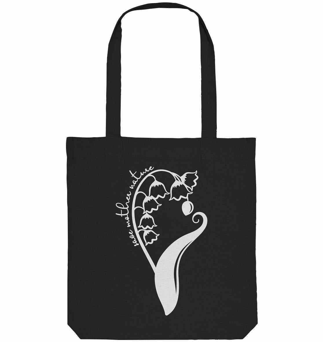 Vegan und Recycling Stofftasche: Save Mother Nature with Flower Power, schwarze Tasche mit weißen Blumen, langem Henkel, aus recycelten Materialien, ideal für umweltbewusste Naturfreunde.