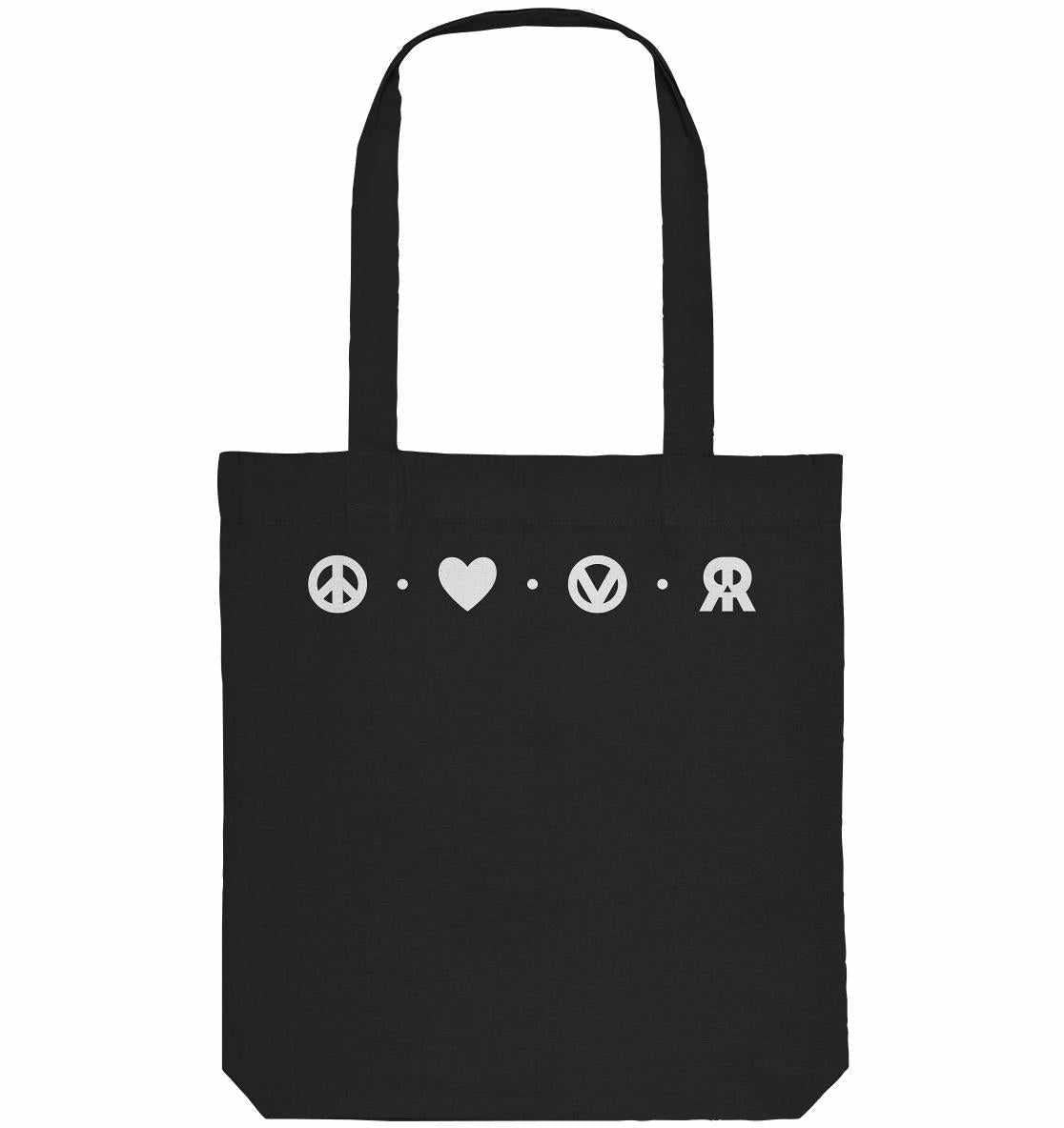 Vegan und Recycling Stofftasche mit weißen Symbolen, repräsentiert Frieden, Liebe, Veganismus und Rebellion, aus recycelter Baumwolle und Polyester, von RUDE REBEL.