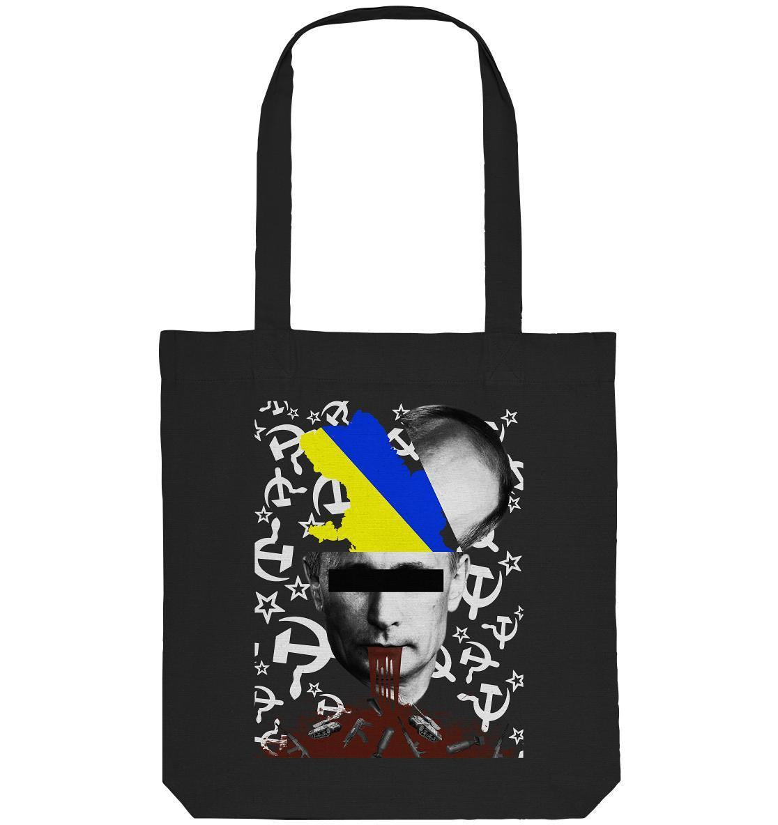 Vegan und Recycling Stofftasche: STOP WAR IN UKRAINE! Schwarze Tasche mit Gesichtscollage, symbolisiert Protest gegen Krieg. Hergestellt aus recycelten Materialien.