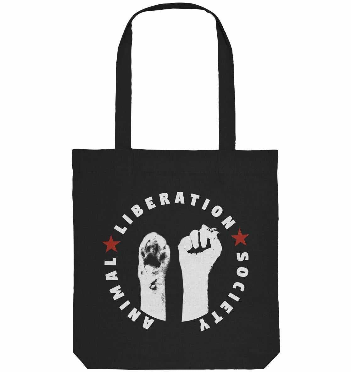 Vegan und Recycling Stofftasche: Raise paw and fist for Animal Liberation!, schwarze Tasche mit weißem Text, Händen und Pfote, hergestellt aus recycelten Materialien.