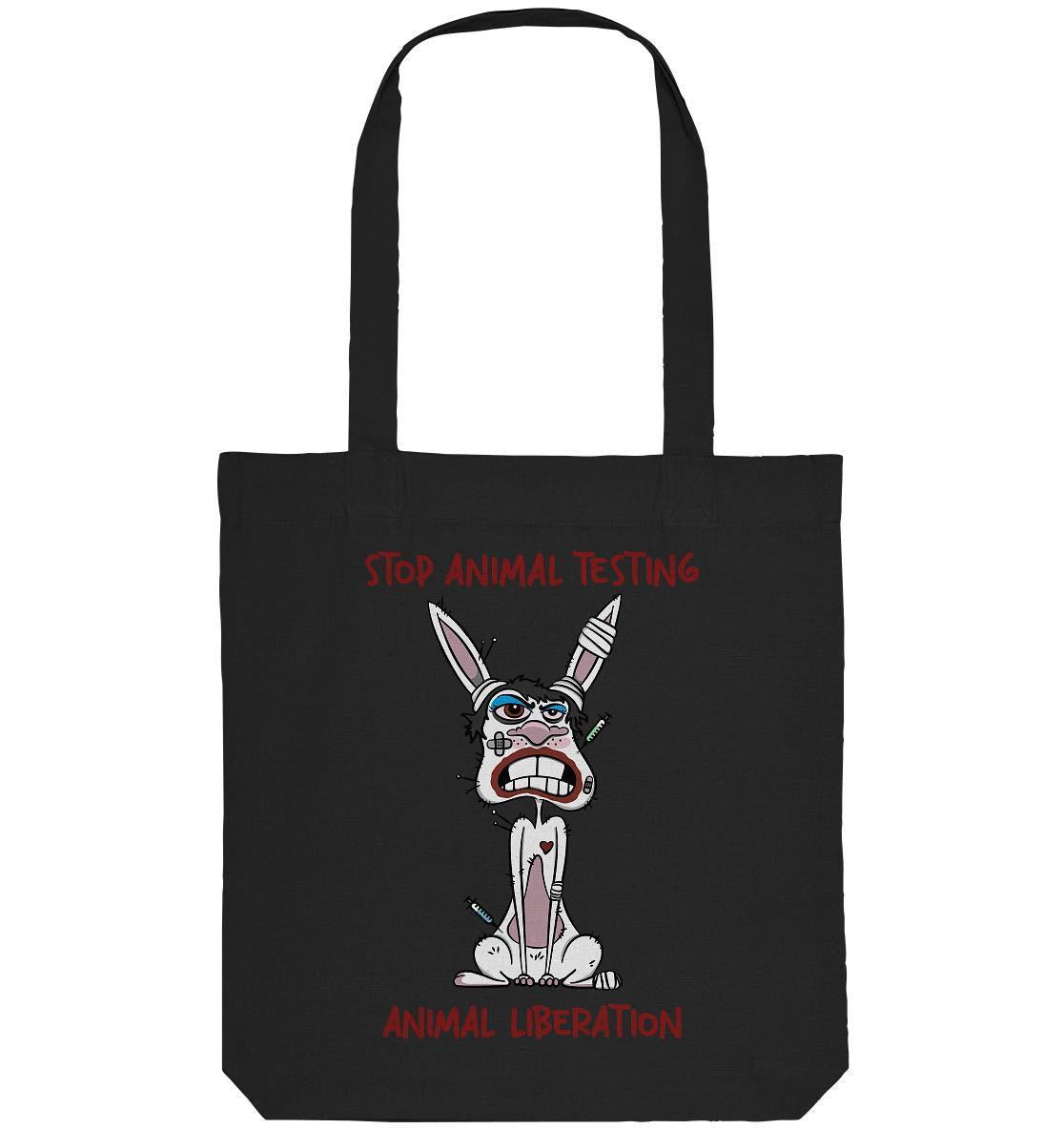 Vegan und Recycling Stofftasche mit Cartoon-Hase und STOP ANIMAL TESTING!-Botschaft, symbolisiert Tierrechtsbewusstsein. Hergestellt aus recycelten Materialien.