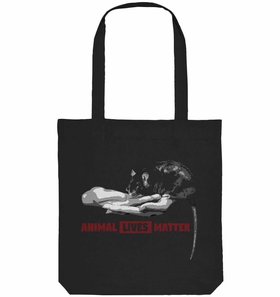 Schwarze Tote-Bag mit Katzendesign, vegan und aus Recyclingmaterialien. Unterstützt Tierrechte mit der Botschaft ANIMAL LIVES MATTER.