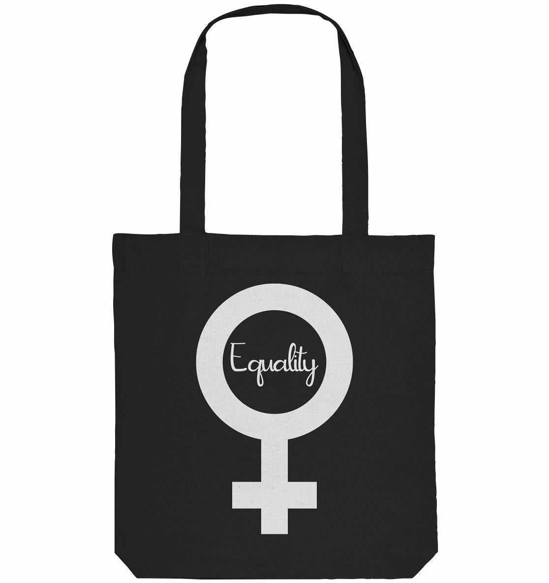 Vegan und Recycling Stofftasche: Feminismus - Der Kampf um Gleichberechtigung, schwarze Tote Bag mit weißem Symbol, aus recycelten Materialien, repräsentiert Frauenrechte und Nachhaltigkeit.