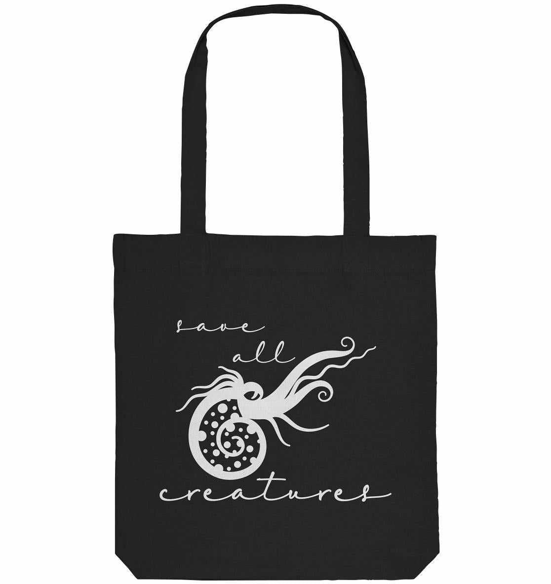 Vegan und Recycling Stofftasche mit weißem Oktopus-Design und Text; aus recycelten Materialien, groß genug für Alltagsgegenstände, von RUDE REBEL.