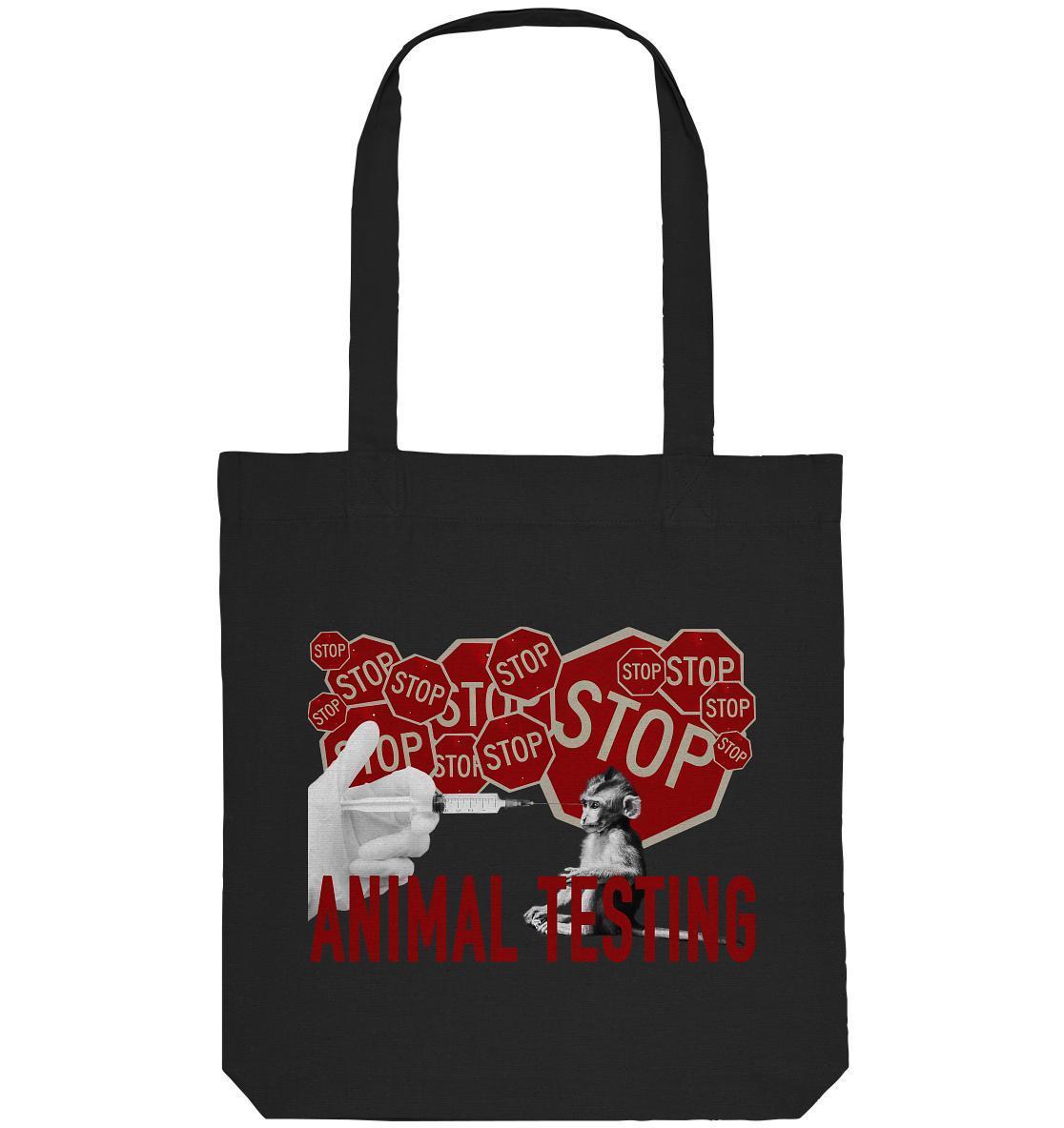 Vegan und Recycling Stofftasche: STOP ANIMAL TESTING! Schwarze Tote-Bag mit Affenmotiv, der ein Stoppschild hält, aus recycelter Baumwolle und Polyester.