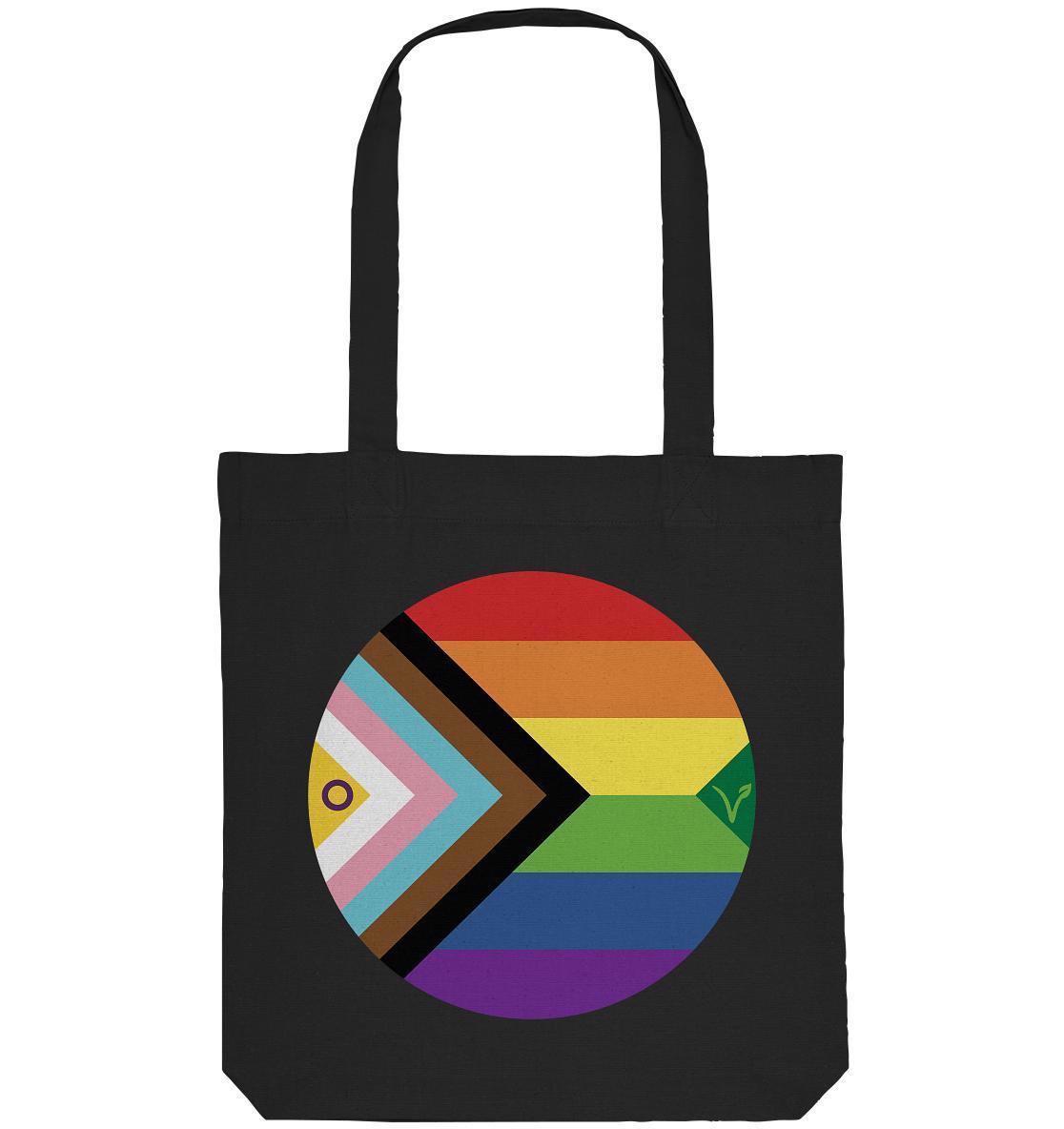 Vegan und Recycling Stofftasche: LGBTQAI+ VEGAN BIG, schwarze Tote-Bag mit Regenbogenkreis und grünem Blatt, aus recycelter Baumwolle und Polyester, zelebriert Liebe und Nachhaltigkeit.
