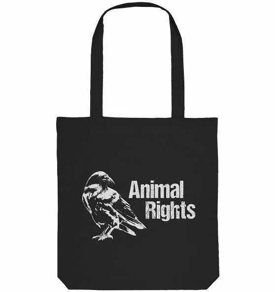 Recycling-Stofftasche in Schwarz mit Vogel-Print und Aufschrift „Animal Rights“.
