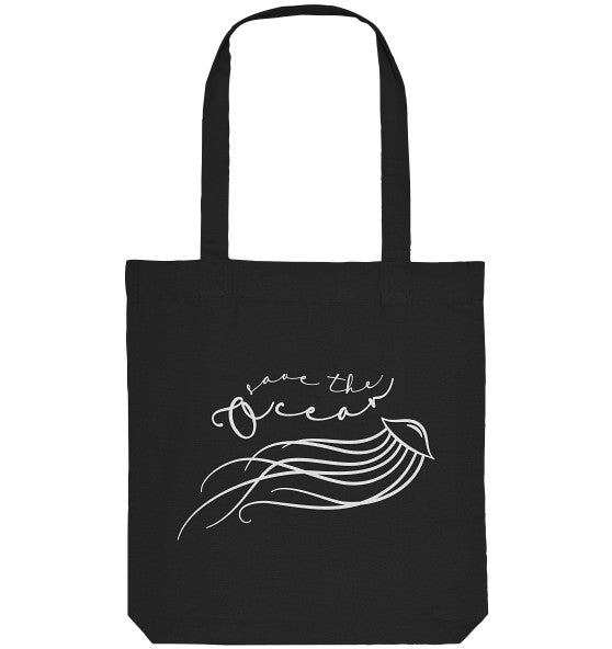 Vegan und Recycling Stofftasche mit Quallenmotiv und Save the Ocean-Text, hergestellt aus recycelter Baumwolle und Polyester. Ideal für umweltbewusste Träger.