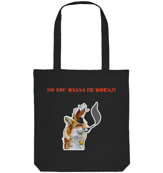 Vegan und Recycling Stofftasche: Mrs. Fox demonstriert gegen Pelz! Schwarze Tote Bag mit Fuchs-Motiv und Hut, aus recycelter Baumwolle und Polyester.