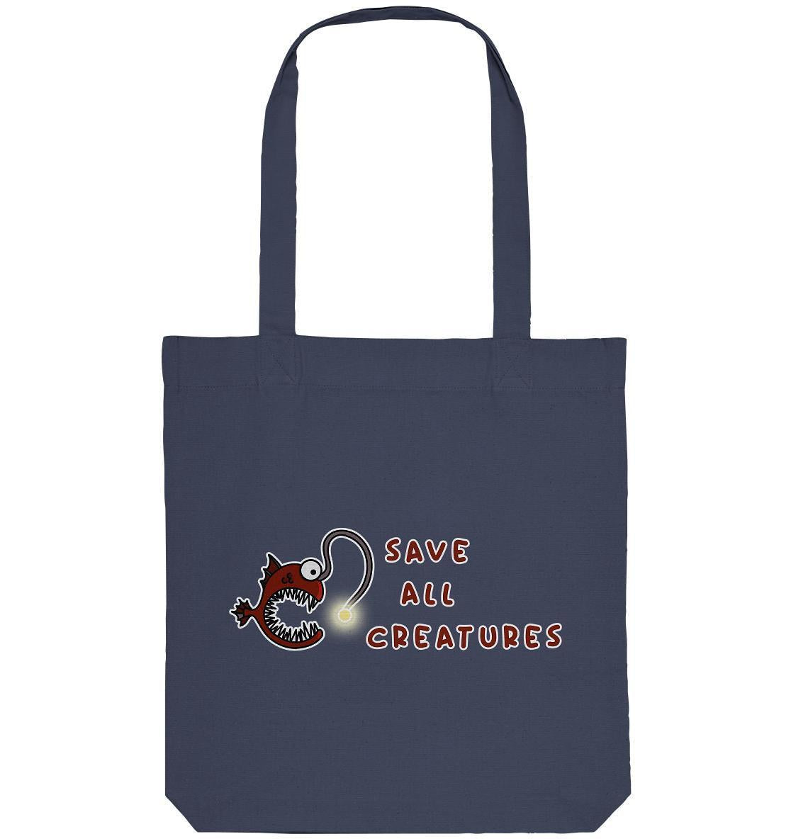 Vegan und Recycling Stofftasche mit Cartoon-Anglerfisch, symbolisiert Schutz aller Kreaturen; hergestellt aus recycelter Baumwolle und Polyester, von RUDE REBEL.
