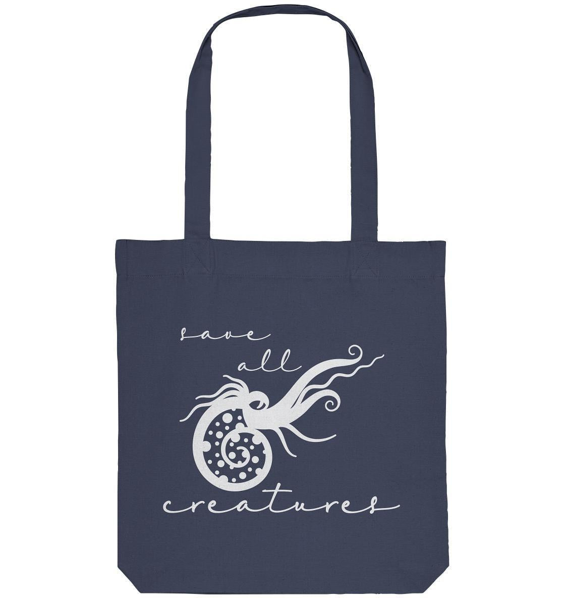 Vegan und Recycling Stofftasche: Save All Creatures, blaue Tote Bag mit weißem Meereskreatur-Design, aus recycelten Materialien, ideal für umweltbewusste Träger.
