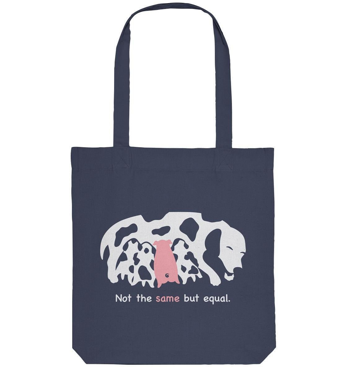 Vegan und Recycling Stofftasche: Animal equality mit Kuh und Schwein Motiv, aus recycelter Baumwolle und Polyester, symbolisiert Liebe und Schutz.