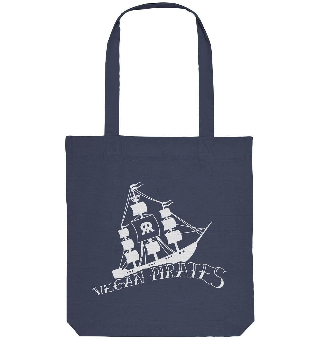 Vegan und Recycling Stofftasche: Vegan Pirates, blaue Stofftasche mit Piratenschiff-Motiv, hergestellt aus recycelten Materialien, ideal für umweltbewusste Abenteurer der Rude Rebel Crew.