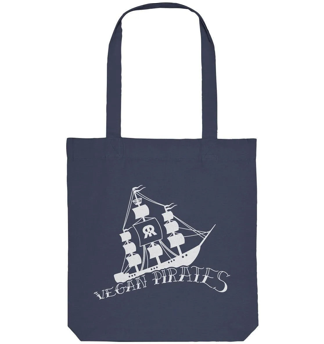 Dunkelblaue Stofftasche mit Tragehenkeln und weißem Piraten-Aufdruck „VEGAN PIRATES“
