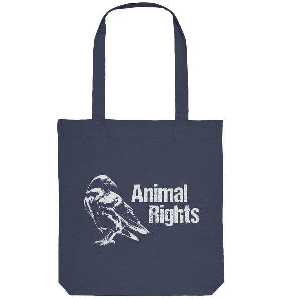 Blaue Tasche Raven - Animal Rights mit Vogelmotiv, hergestellt aus recycelten Materialien. Nachhaltiges Accessoire für Tier- und Umweltschutz von RUDE REBEL.