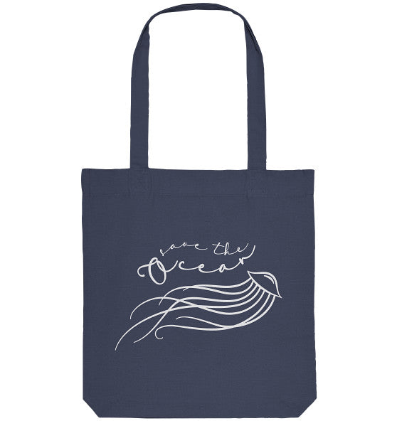 Vegan und Recycling Stofftasche mit Quallenmotiv und Save the Ocean-Aufruf, zeigt minimalistisches Design. Ideal für umweltbewusste Käufer von RUDE REBEL.