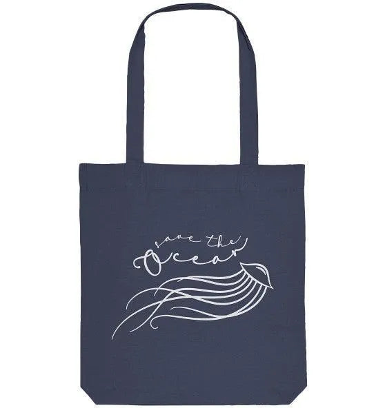 Blaue Stofftasche mit Hand-Illustration einer Qualle, Stoffhenkel