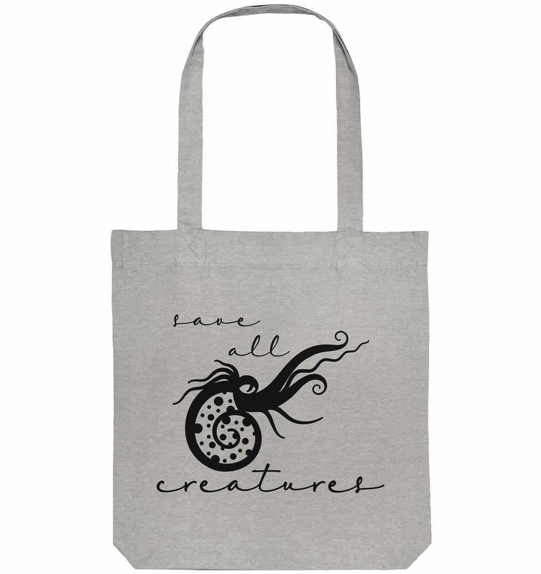 Vegan und Recycling Stofftasche: Save All Creatures, graue Tote Bag mit schwarzem Oktopus-Design aus recycelten Materialien, ideal für Naturschutz-Unterstützer.