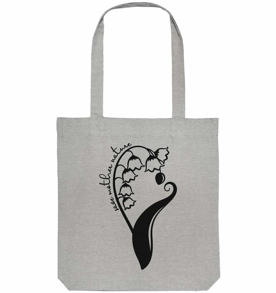 Vegan und Recycling Stofftasche: Save Mother Nature with Flower Power, graue Stofftasche mit schwarzem Blumenmuster und Frauenskizze, ideal für umweltbewusste Naturschützer.