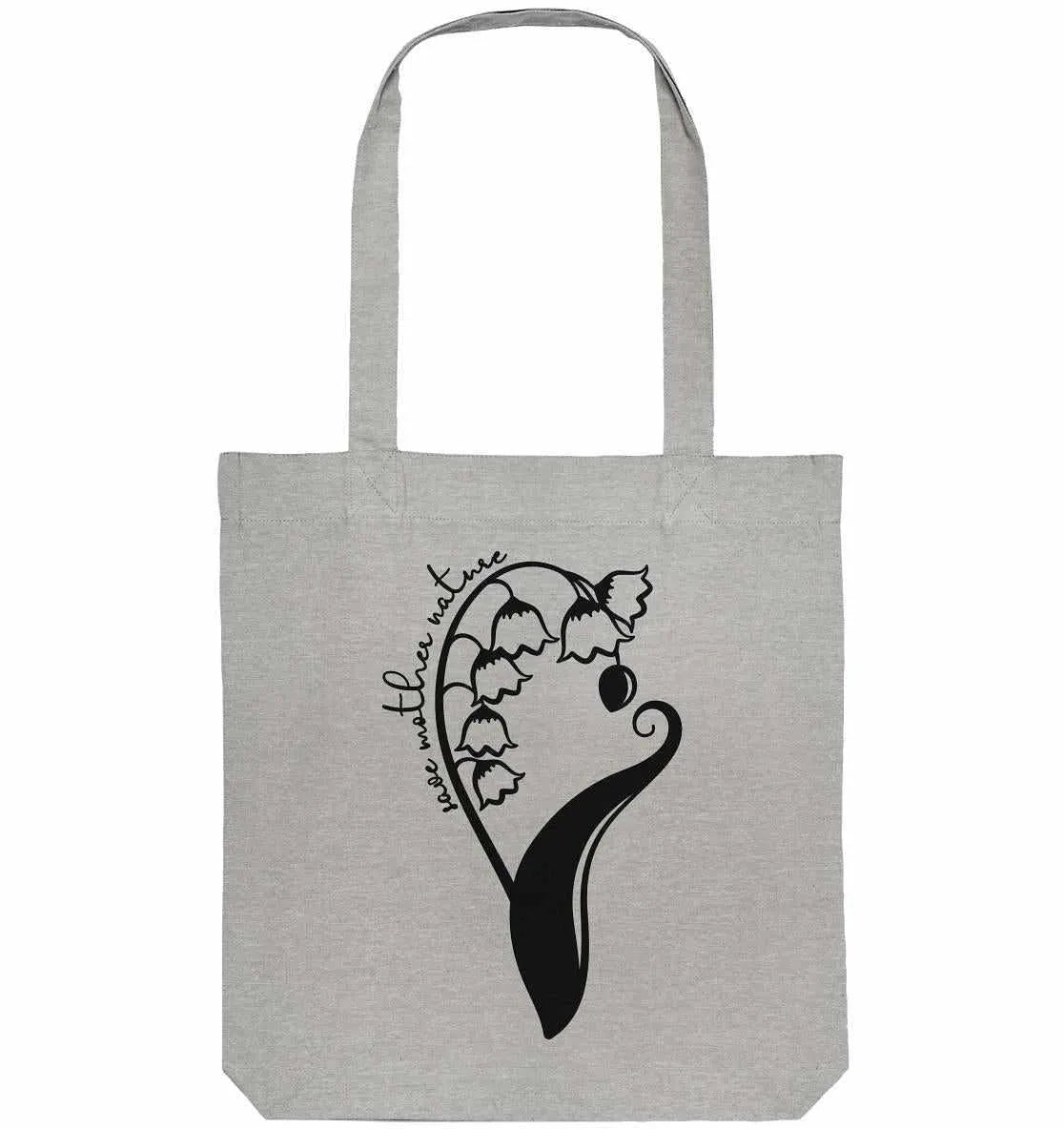 Grau melierte Stofftasche mit Frontmotiv aus Blumen und Ornament, lange Tragegriffe