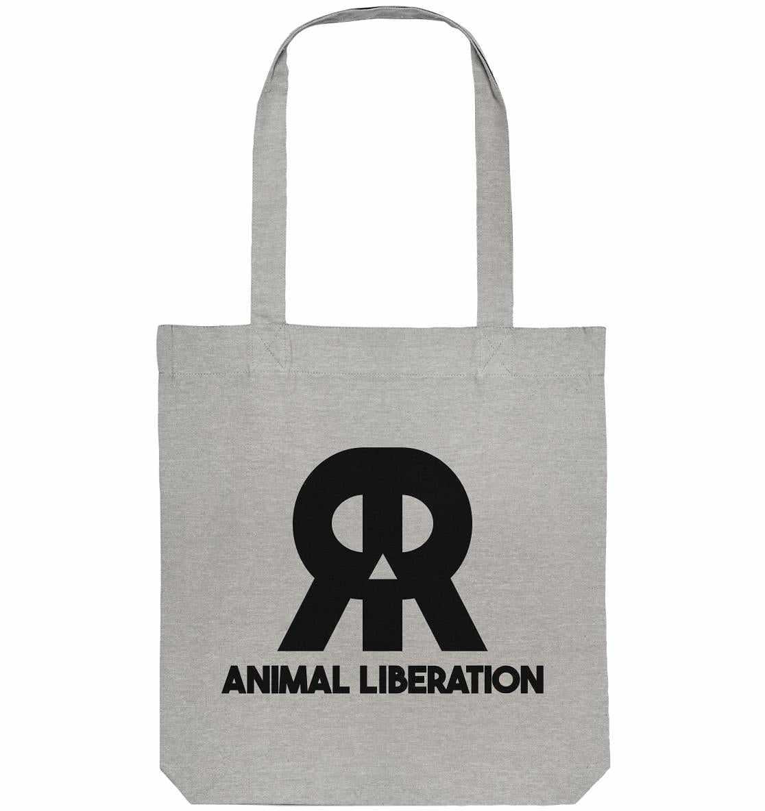 Vegan und Recycling Stofftasche: RUDE REBEL Skull - Animal Liberation, graue Tasche mit schwarzem Logo, stehend für Gleichberechtigung, hergestellt aus recycelter Baumwolle und Polyester.