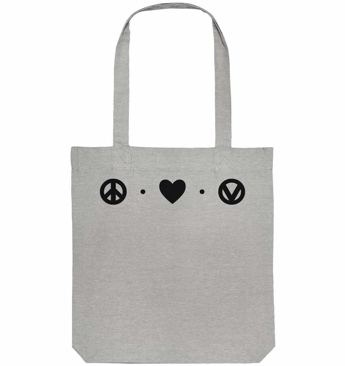 Vegan und Recycling Stofftasche: Peace - Love - Veganism, graue Tote Bag mit schwarzen Friedenssymbolen und Herzen, aus recycelten Materialien, steht für Frieden und Liebe.