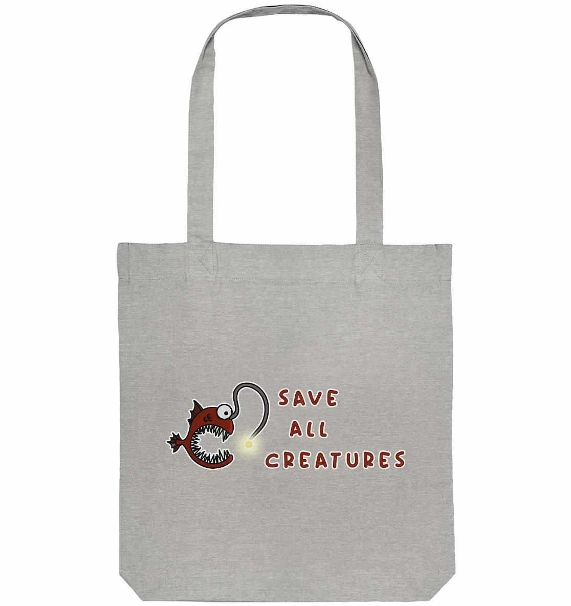 Vegan und Recycling Stofftasche: Weird Frogfish, zeigt cartoon Fisch mit Haken, aus recycelter Baumwolle und Polyester, lange Henkel, schützt alle Kreaturen.