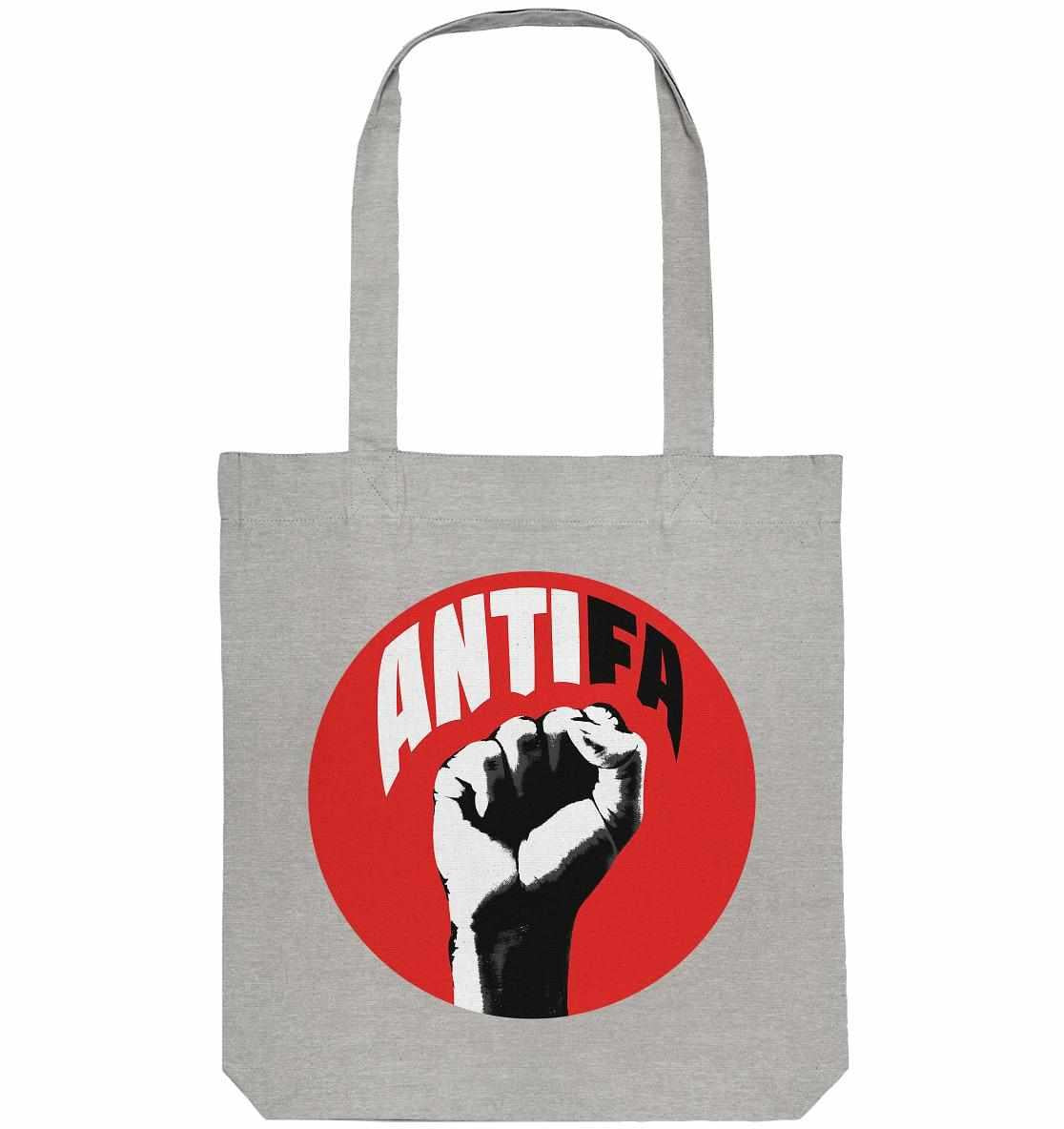 Graue Stofftasche mit rotem Kreis und erhobener Faust, symbolisiert Kampf gegen Rechts, vegan und umweltfreundlich aus recycelter Baumwolle und Polyester.