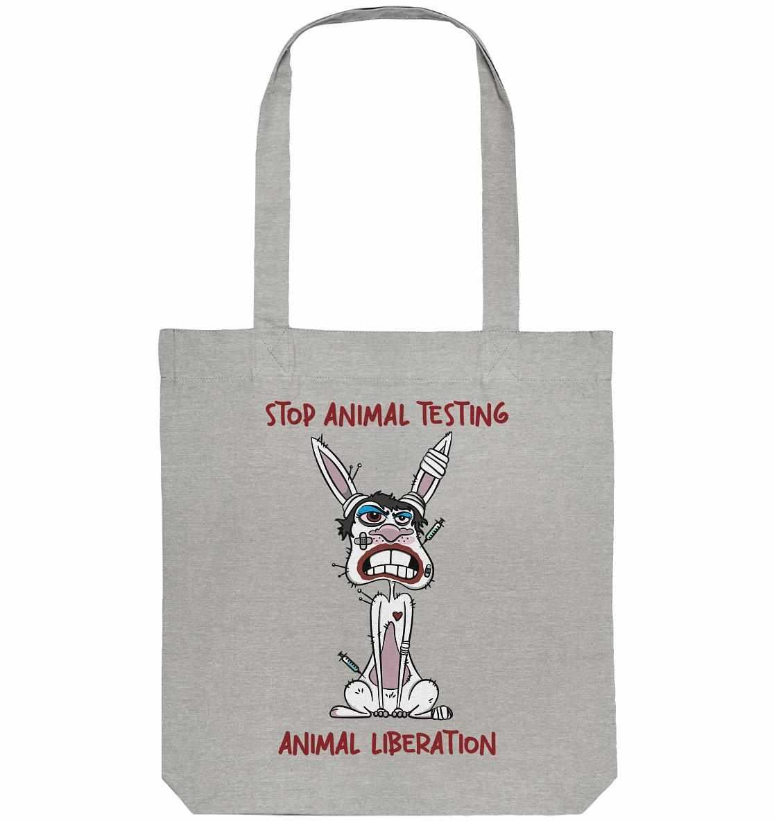 Vegan und Recycling Stofftasche: White rabbit - STOP ANIMAL TESTING! zeigt einen Cartoon-Hasen, der auf Tierversuche aufmerksam macht, auf einer grauen Tasche aus recycelten Materialien.