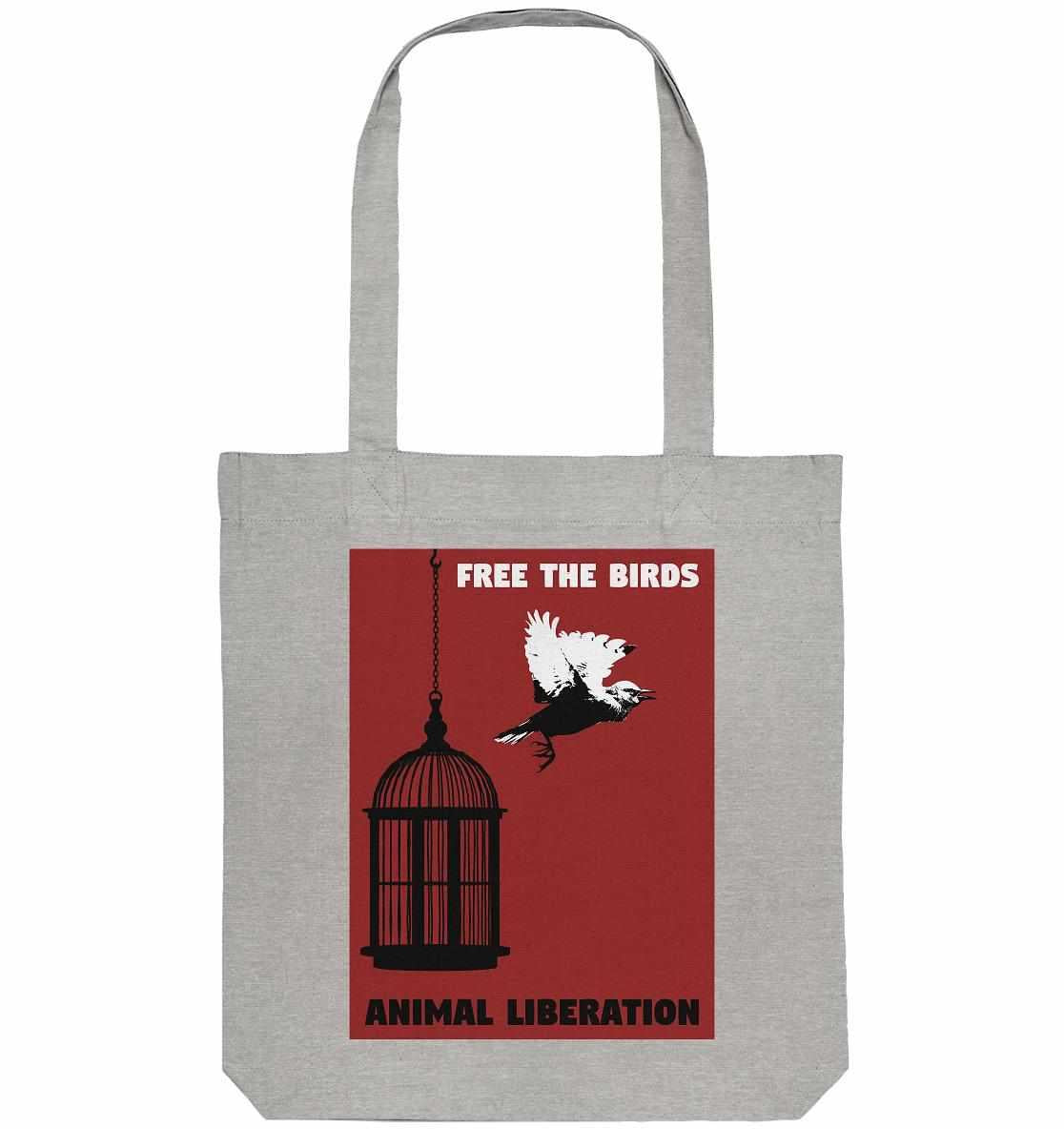 Vegan und Recycling Stofftasche: Free the birds - Animal Liberation, graue Tasche mit Vogel und Käfig-Design, symbolisiert Freiheit und Tierrechte, aus recycelten Materialien.