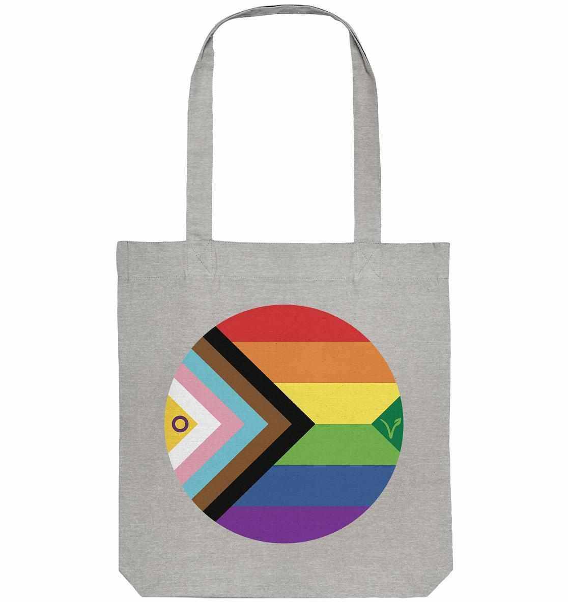 Vegan und Recycling Stofftasche: LGBTQAI+ VEGAN BIG, graue Tragetasche mit Regenbogenkreis, aus recycelter Baumwolle und Polyester, feiert Liebe und Nachhaltigkeit.