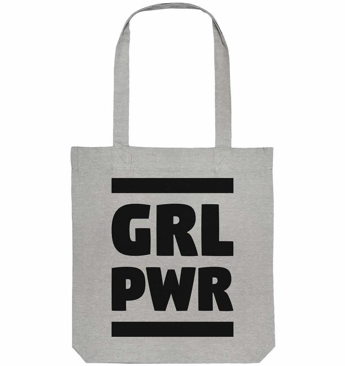 Vegan und Recycling Stofftasche: GIRL POWER, graue Tasche mit schwarzem Text, repräsentiert feministische Botschaft, hergestellt aus recycelter Baumwolle und Polyester, lange Henkel, 38x42 cm.