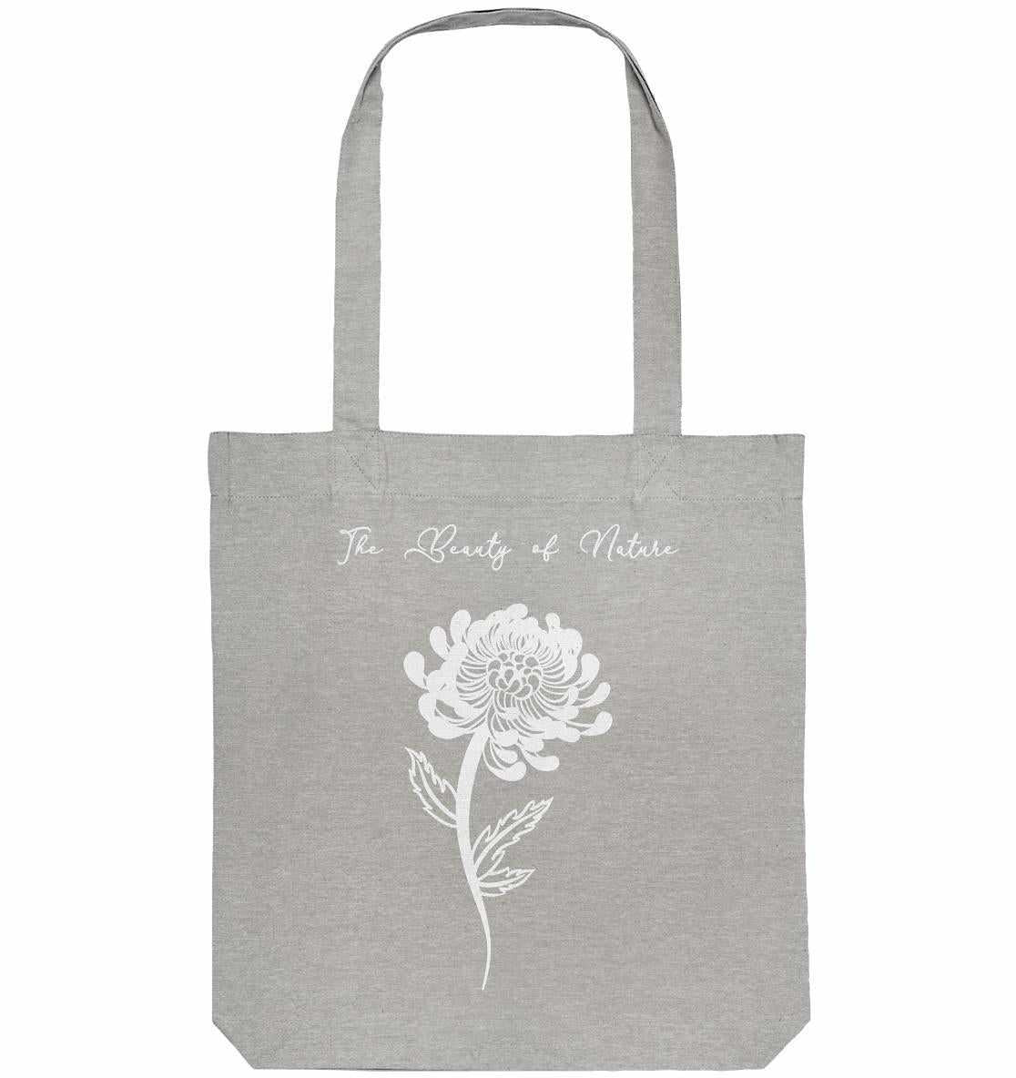 Vegan und Recycling Stofftasche: Chrysantheme - The Beauty of Nature, graue Tragetasche mit weißer Blume, nachhaltig produziert aus recycelten Materialien, langes Henkel.