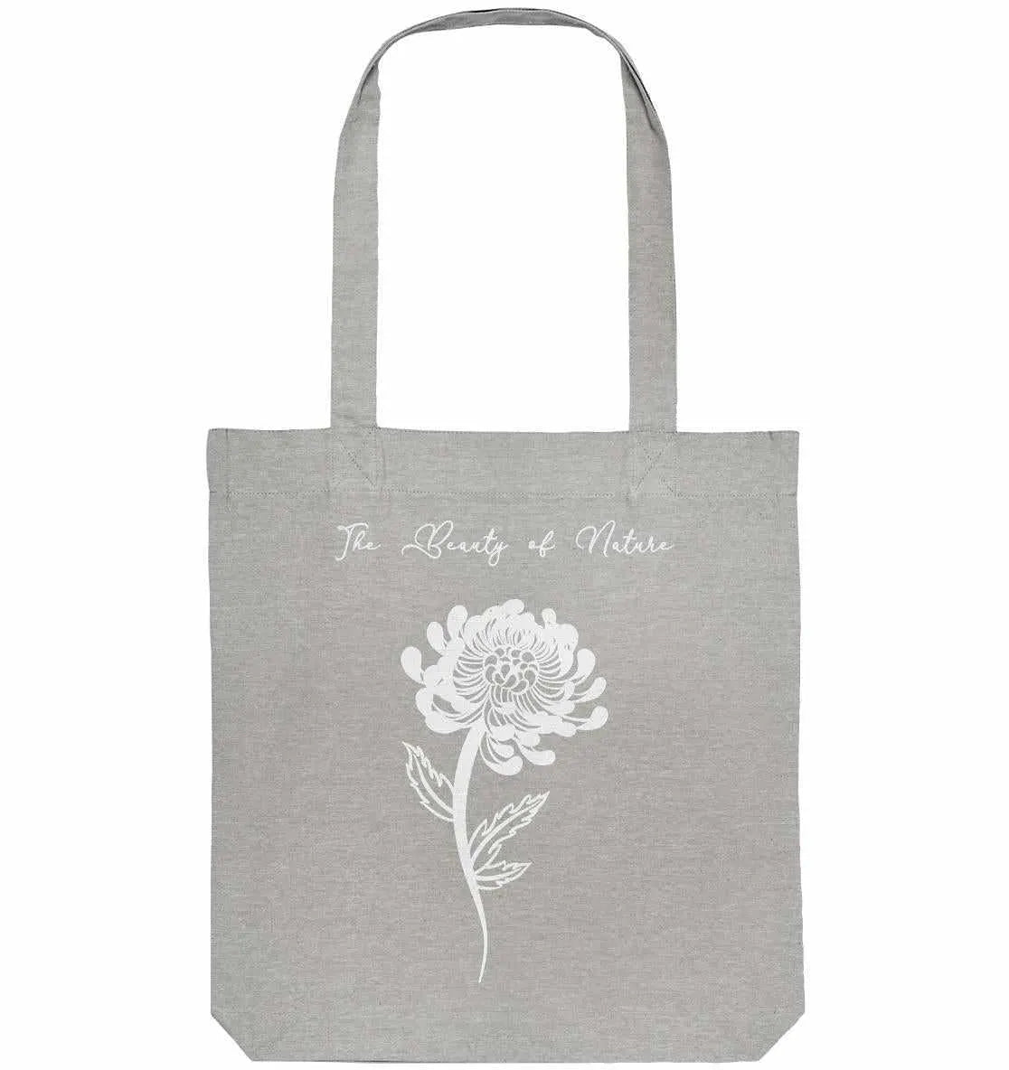 Grau melierte Stofftasche mit Chrysanthemen-Zierdruck und Tragegriffen