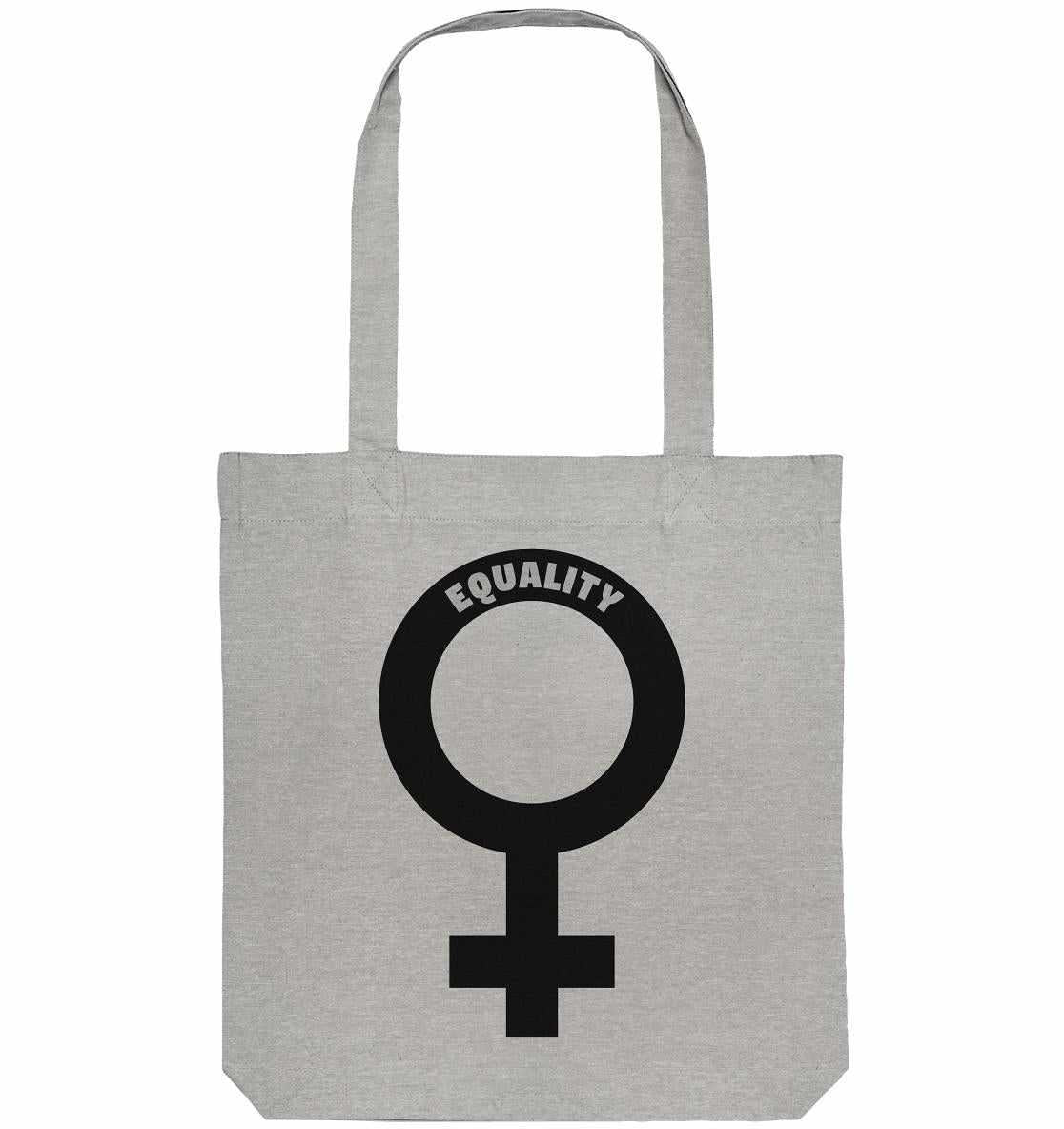Vegan und Recycling Stofftasche mit Venussymbol, symbolisiert feministische Gleichberechtigung. Graue Tasche aus recycelten Materialien, hergestellt von RUDE REBEL.