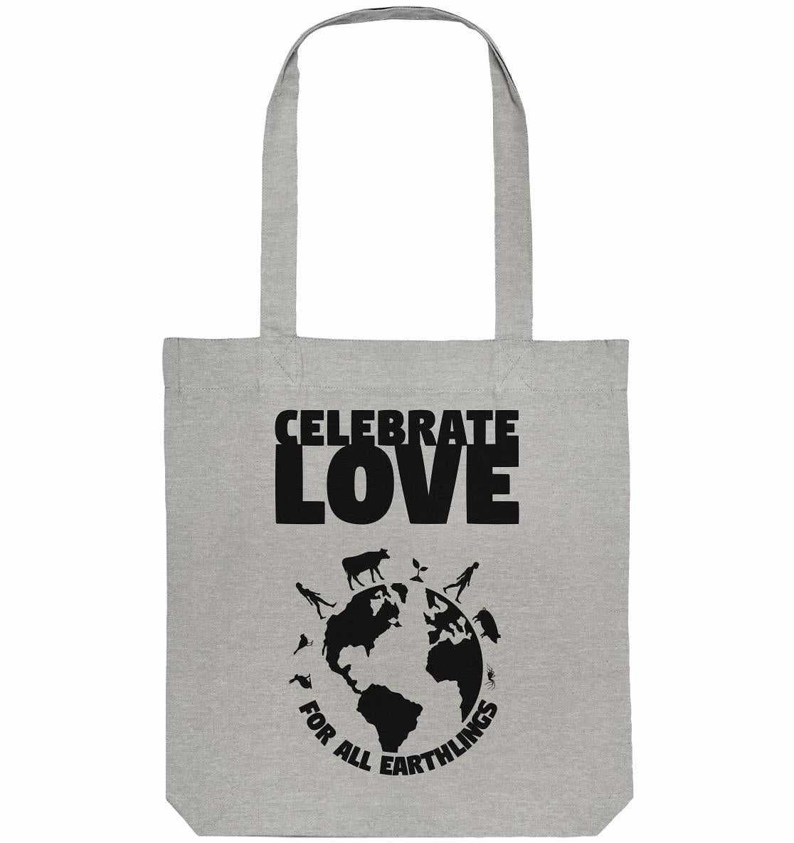 Vegan und Recycling Stofftasche: Celebrate Love For All Earthlings, graue Stofftasche mit schwarzen Texten und Tiermotiven, hergestellt aus recycelten Materialien, ideal für umweltbewusste Einkäufe.