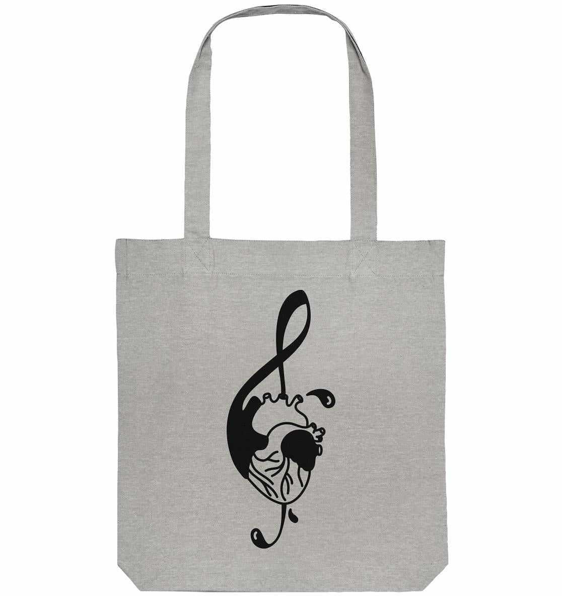 Vegan und Recycling Stofftasche: Music Therapy with Heart, graue Tasche mit schwarzem Herz und Musikmotiv, hergestellt aus recycelter Baumwolle und Polyester, lange Henkel.