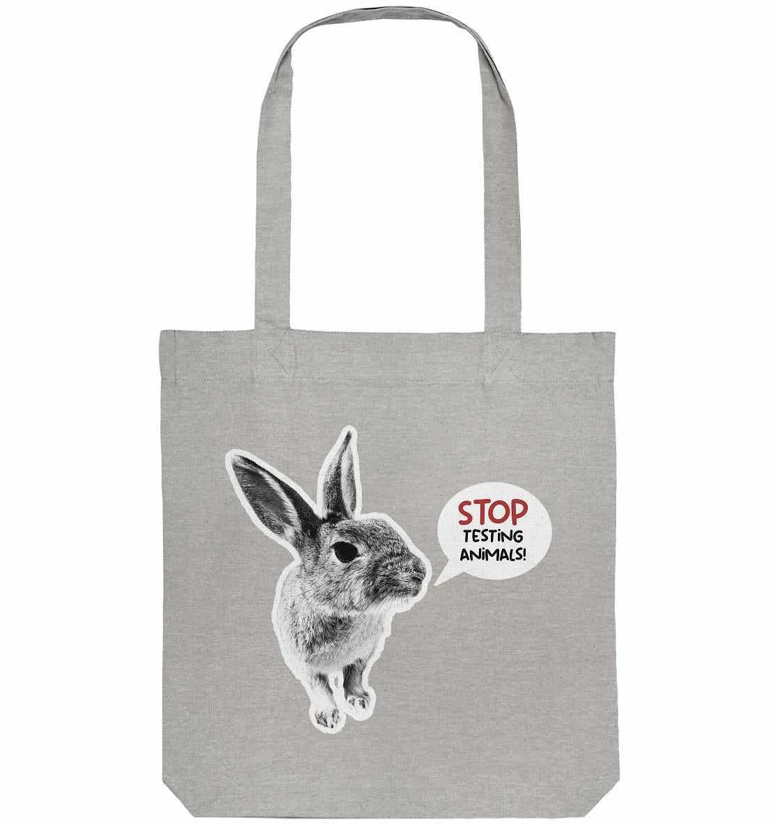 Vegan und Recycling Stofftasche: Cute Rabbit - Stop Testing Animals! Graue Tragetasche mit Häschenmotiv und Botschaft gegen Tierversuche, aus recycelten Materialien hergestellt.