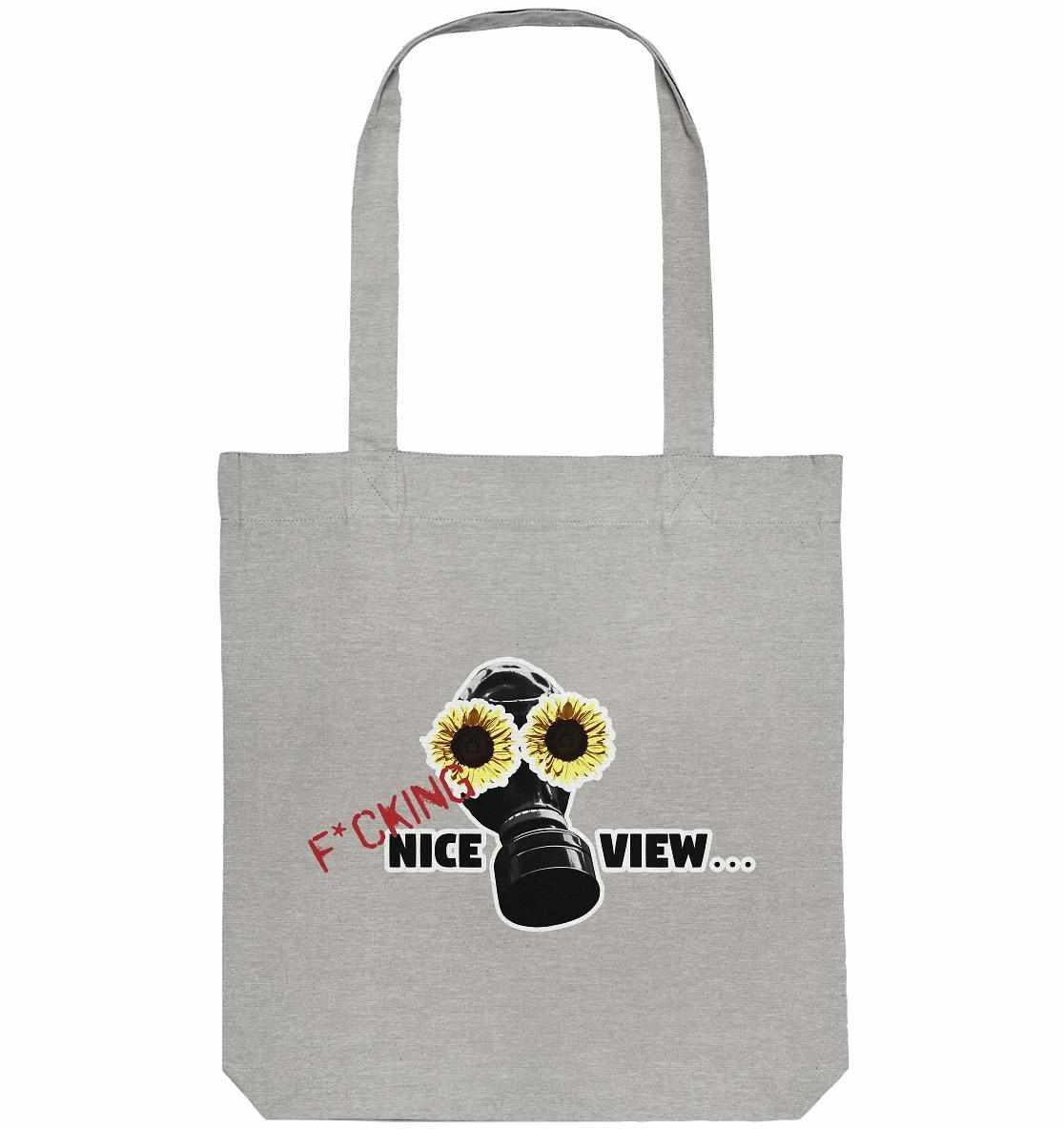 Vegan und Recycling Stofftasche: Sunflower Mask - F*cking nice view..., zeigt eine Gasmaske mit Sonnenblumenmotiv, aus recyceltem Material, ideal für nachhaltigen Lifestyle.