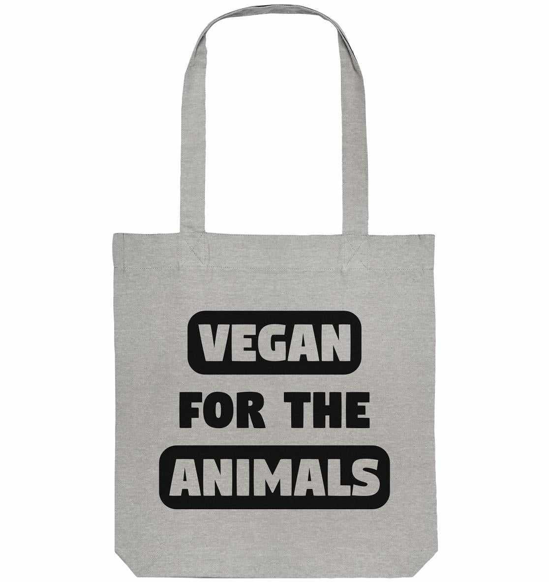 Vegan und Recycling Stofftasche: VEGAN FOR THE ANIMALS, graue Stofftasche aus recycelter Baumwolle und Polyester, lange Henkel, zeigt vegane Botschaft.